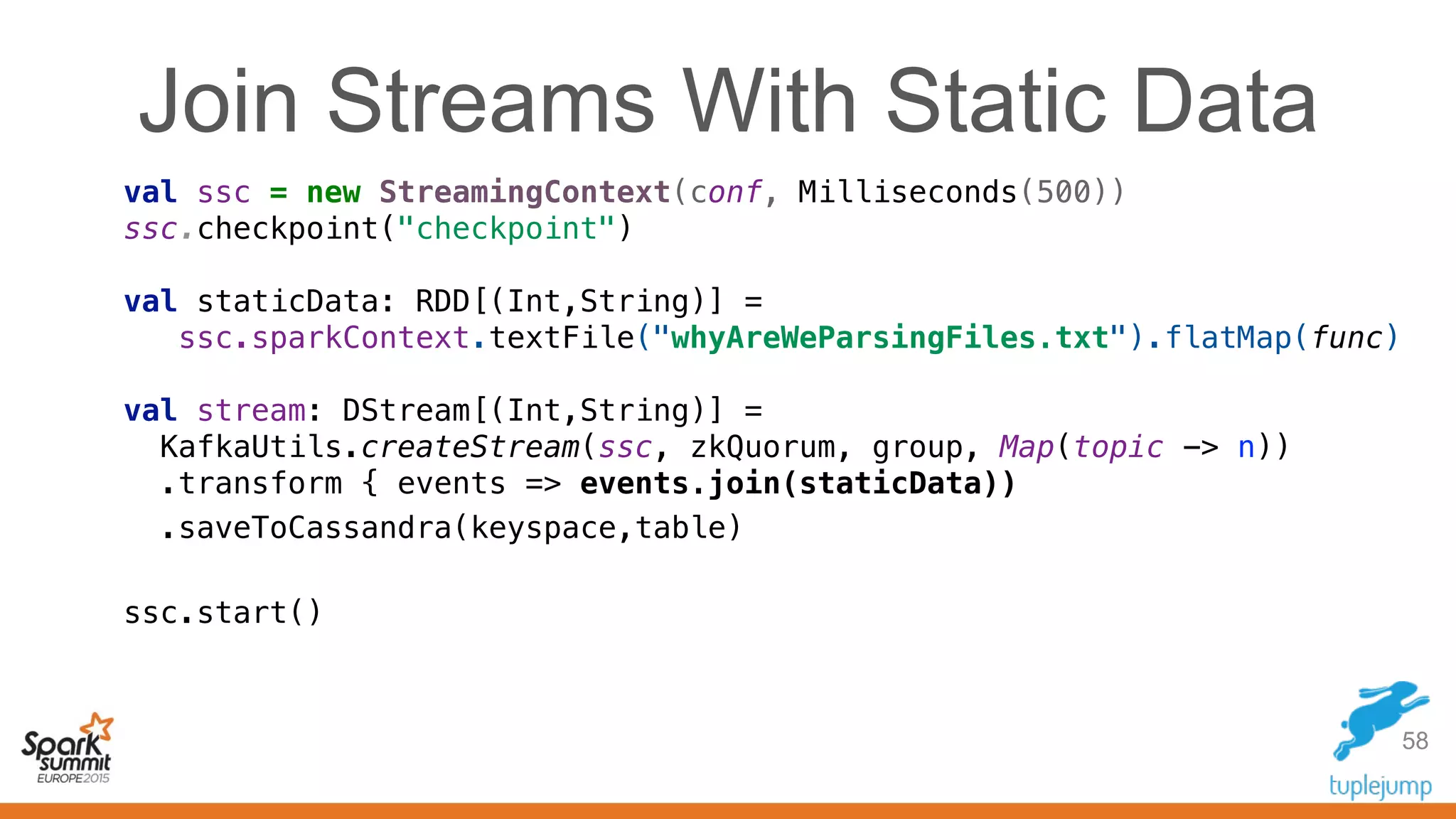 Join Streams With Static Data
val ssc = new StreamingContext(conf, Milliseconds(500))
ssc.checkpoint("checkpoint")
val staticData: RDD[(Int,String)] =
ssc.sparkContext.textFile("whyAreWeParsingFiles.txt").flatMap(func)
val stream: DStream[(Int,String)] =
KafkaUtils.createStream(ssc, zkQuorum, group, Map(topic -> n))
.transform { events => events.join(staticData))
.saveToCassandra(keyspace,table)
ssc.start()
58
 