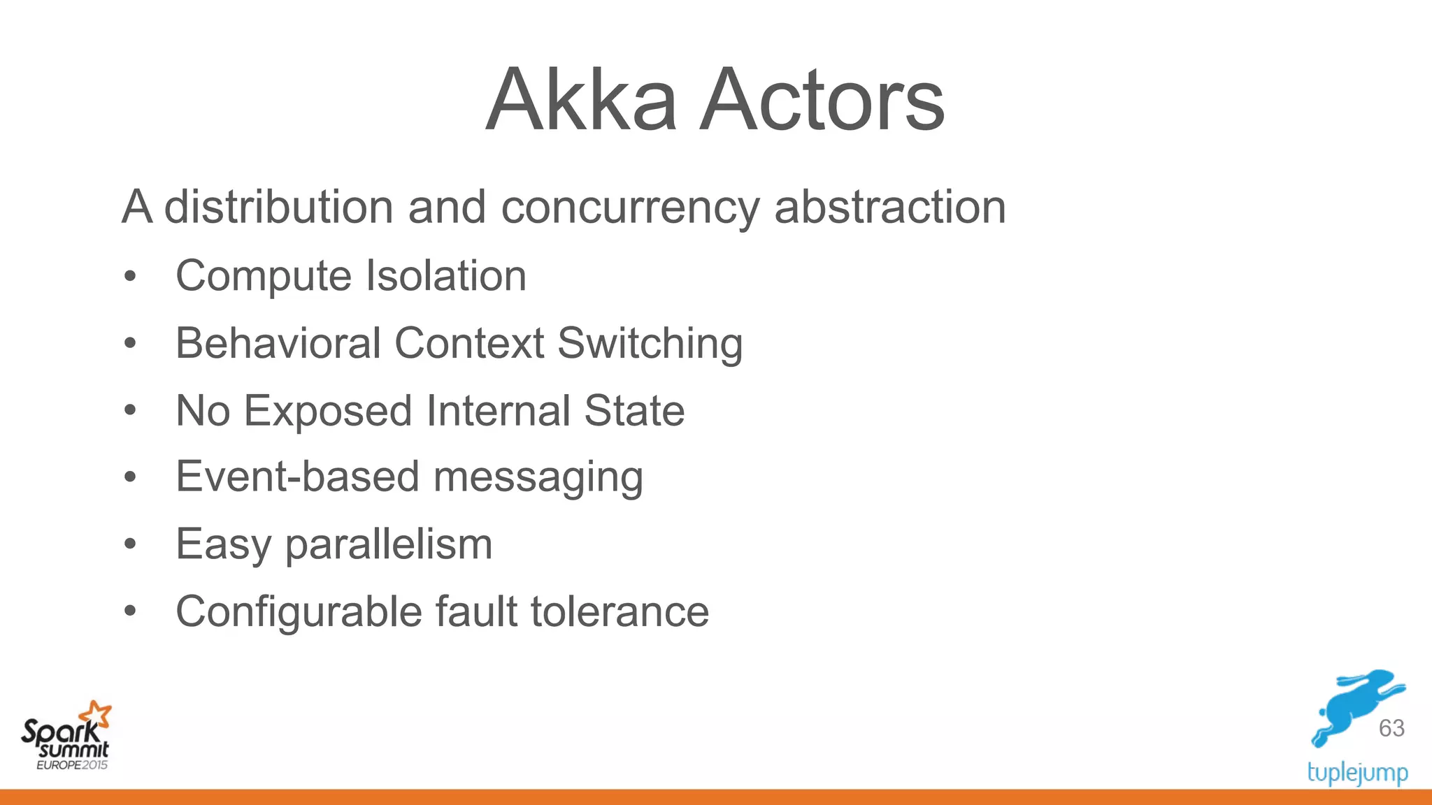 Akka Actors
A distribution and concurrency abstraction
• Compute Isolation
• Behavioral Context Switching
• No Exposed Internal State
• Event-based messaging
• Easy parallelism
• Configurable fault tolerance
63
 