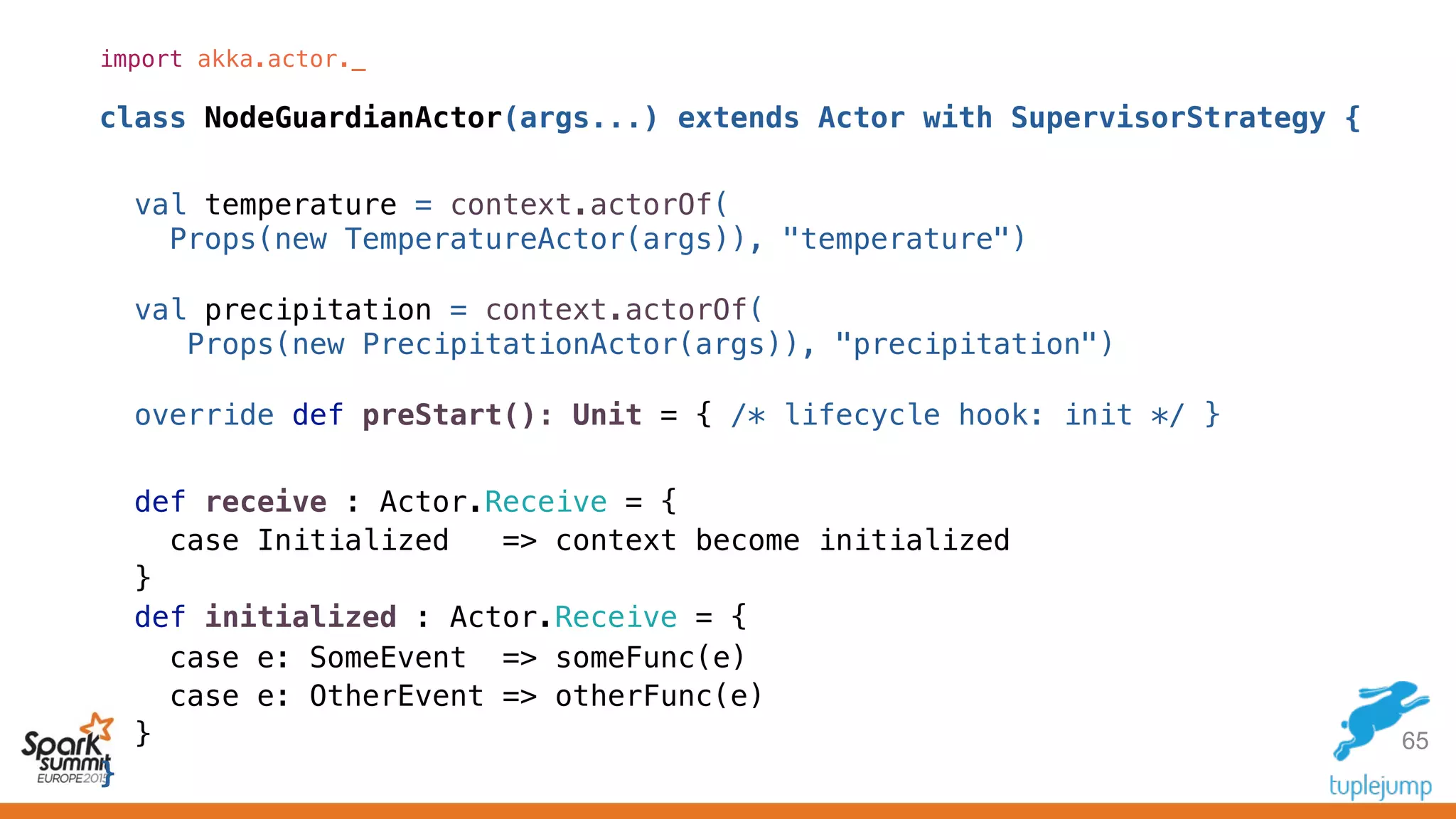 import akka.actor._
class NodeGuardianActor(args...) extends Actor with SupervisorStrategy {
val temperature = context.actorOf(
Props(new TemperatureActor(args)), "temperature")
val precipitation = context.actorOf(
Props(new PrecipitationActor(args)), "precipitation")
override def preStart(): Unit = { /* lifecycle hook: init */ }
def receive : Actor.Receive = {
case Initialized => context become initialized
}
def initialized : Actor.Receive = {
case e: SomeEvent => someFunc(e)
case e: OtherEvent => otherFunc(e)
}
}
65
 