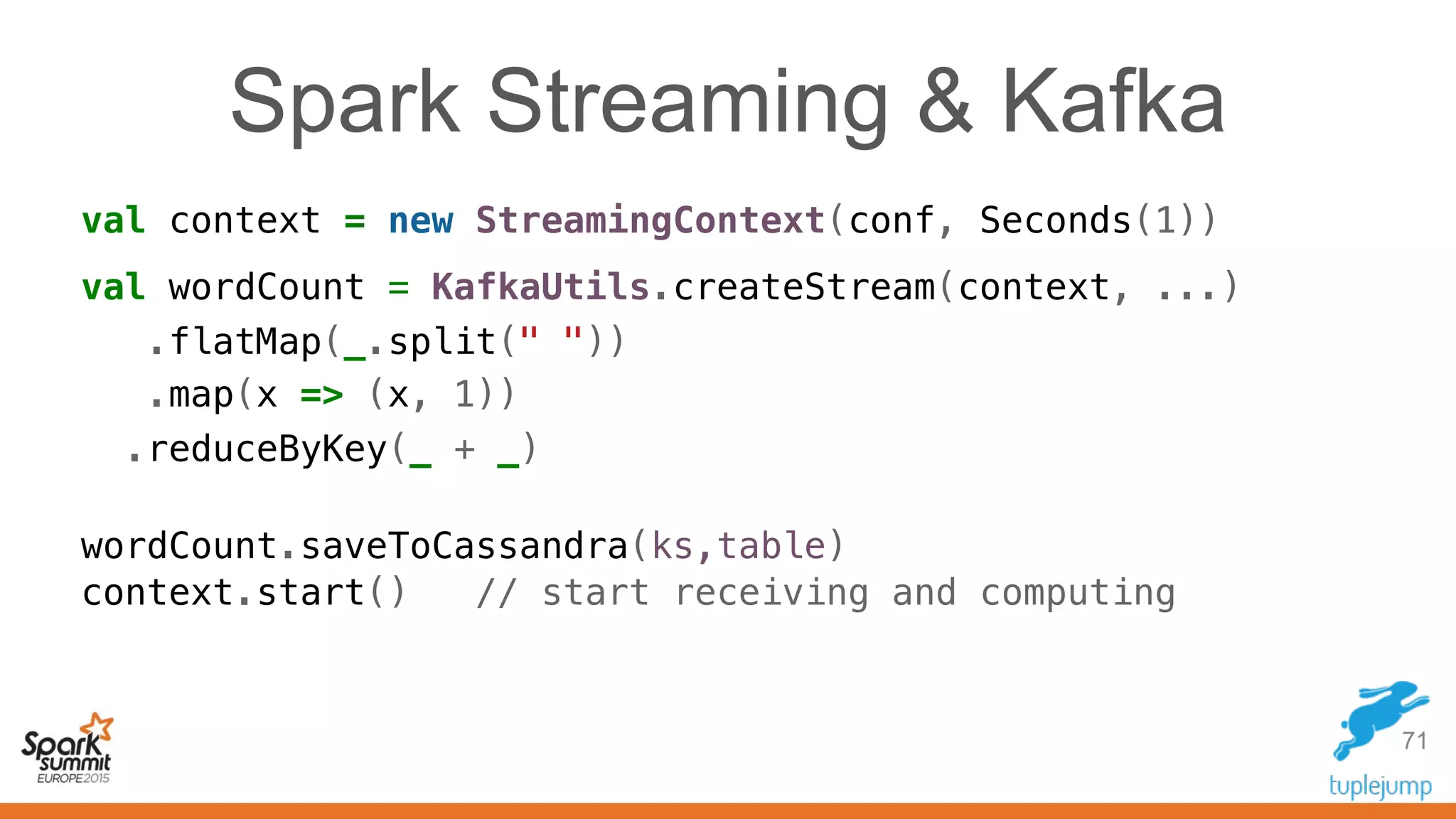 Spark Streaming & Kafka
val context = new StreamingContext(conf, Seconds(1))
val wordCount = KafkaUtils.createStream(context, ...)
.flatMap(_.split(" "))
.map(x => (x, 1))
.reduceByKey(_ + _)
wordCount.saveToCassandra(ks,table)
context.start() // start receiving and computing
71
 