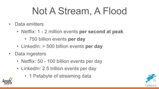 Not A Stream, A Flood
• Data emitters
• Netflix: 1 - 2 million events per second at peak
• 750 billion events per day
• Li...