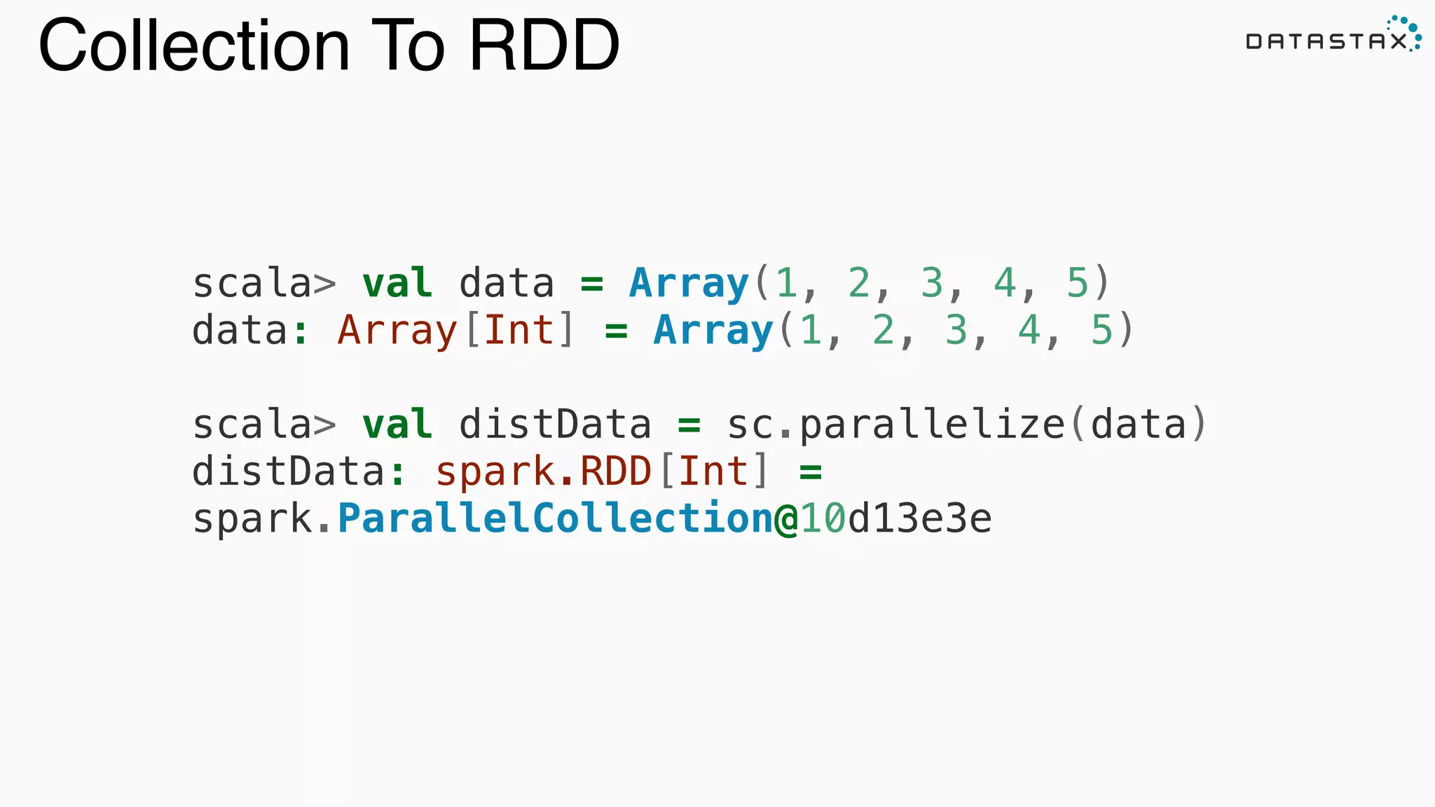 Analytic
Analytic
Search
Collection To RDD
!
scala> val data = Array(1, 2, 3, 4, 5) 
data: Array[Int] = Array(1, 2, 3, 4, 5) 
 
scala> val distData = sc.parallelize(data) 
distData: spark.RDD[Int] =
spark.ParallelCollection@10d13e3e
 