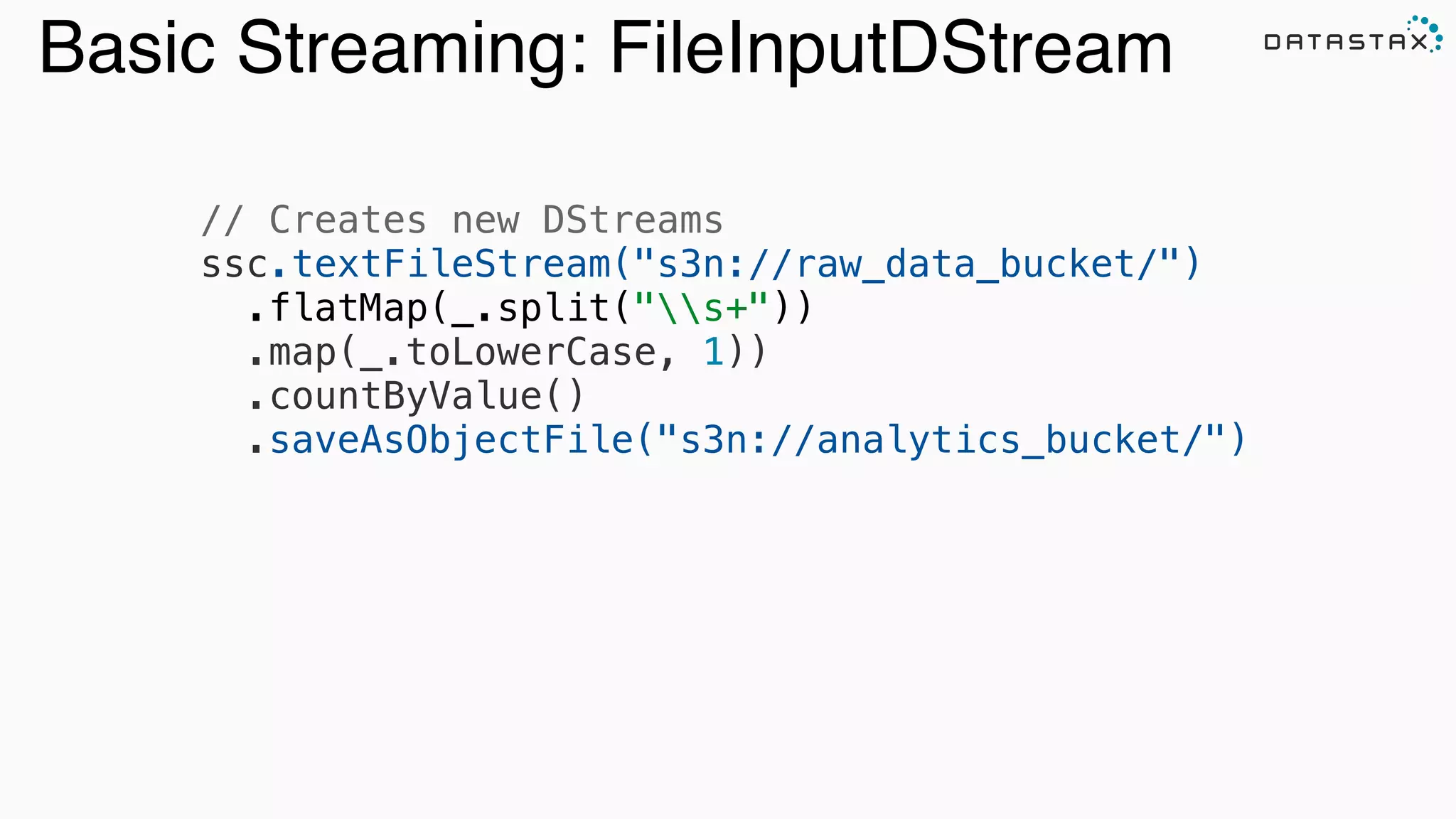 Basic Streaming: FileInputDStream
// Creates new DStreams
ssc.textFileStream("s3n://raw_data_bucket/")
.flatMap(_.split("s+"))
.map(_.toLowerCase, 1))
.countByValue()
.saveAsObjectFile("s3n://analytics_bucket/")!
Search
 