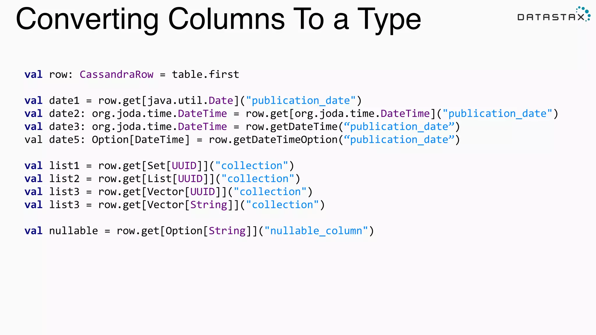 Converting Columns To a Type
val	
  row:	
  CassandraRow	
  =	
  table.first 
val	
  date1	
  =	
  row.get[java.util.Date]("publication_date")	
  
val	
  date2:	
  org.joda.time.DateTime	
  =	
  row.get[org.joda.time.DateTime]("publication_date")	
  
val	
  date3:	
  org.joda.time.DateTime	
  =	
  row.getDateTime(“publication_date”)	
  	
  	
  
val	
  date5:	
  Option[DateTime]	
  =	
  row.getDateTimeOption(“publication_date”)	
  	
  	
  
!
val	
  list1	
  =	
  row.get[Set[UUID]]("collection")	
  
val	
  list2	
  =	
  row.get[List[UUID]]("collection")	
  
val	
  list3	
  =	
  row.get[Vector[UUID]]("collection")	
  
val	
  list3	
  =	
  row.get[Vector[String]]("collection")	
  
!
val	
  nullable	
  =	
  row.get[Option[String]]("nullable_column")	
  
 
 
 
 