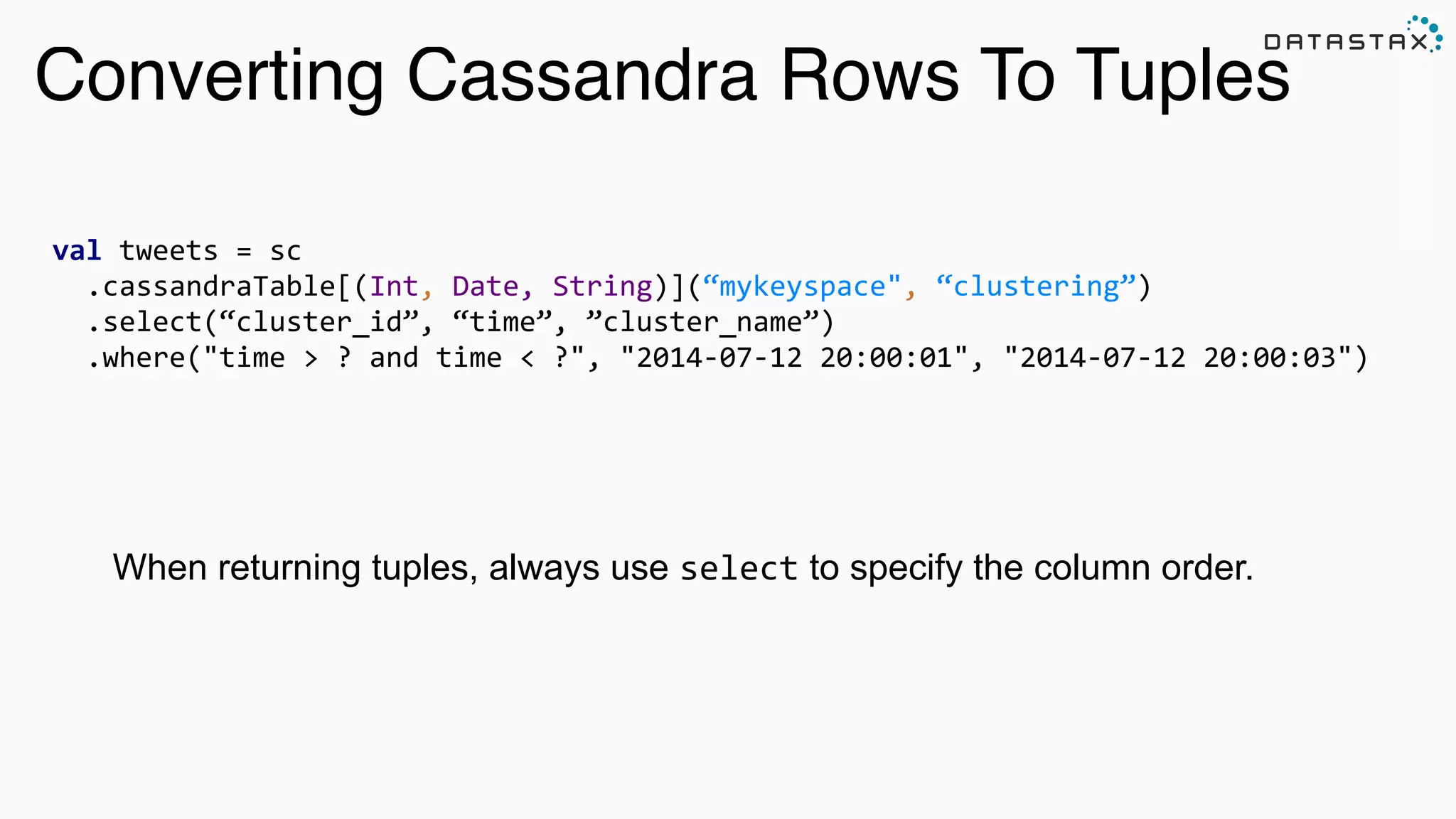 Analytic
Analytic
Search
Converting Cassandra Rows To Tuples
!
val	
  tweets	
  =	
  sc 
	
  	
  .cassandraTable[(Int,	
  Date,	
  String)](“mykeyspace",	
  “clustering”)	
  
	
  	
  .select(“cluster_id”,	
  “time”,	
  ”cluster_name”)	
  
	
  	
  .where("time	
  >	
  ?	
  and	
  time	
  <	
  ?",	
  "2014-­‐07-­‐12	
  20:00:01",	
  "2014-­‐07-­‐12	
  20:00:03")	
  
When returning tuples, always use select to specify the column order.
 