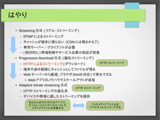 はやり 
● Streaming方式 (リアル・ストリーミング) 
– RTMPによるストリーミング 
– キャッシュが端末に残らない (CDNには残るかも？) 
– 専用サーバー／クライアントが必要 
– (相対的に)帯域制御やサービス品質の保証が容易 
● Progressive download方式 (擬似ストリーミング) 
– HTTPによるストリーミング(ダウンロード) 
– 端末や途中経路にキャッシュとしてファイルが残る 
– Webサーバーから配信、ブラウザ(html5対応)で再生できる 
● Webアプリのノウハウでスケールアウトが容易 
● Adaptive bitrate streaming方式 
– HTTPストリーミングの進化系 
– デバイスや帯域に適したストリーミングを提供 
HTTP ストリーミング 
HTTP ストリーミング 
あらかじめそれぞれのデバイス、 
ビットレートにトランスコードした 
メディアファイルを用意する 
１つのメディアファイルを 
リアルタイムエンコードする 
 