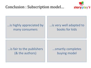 Conclusion : Subscription model…

…is highly appreciated by
many consumers

…is very well adapted to
books for kids

…is fair to the publishers
(& the authors)

…smartly completes
buying model

 