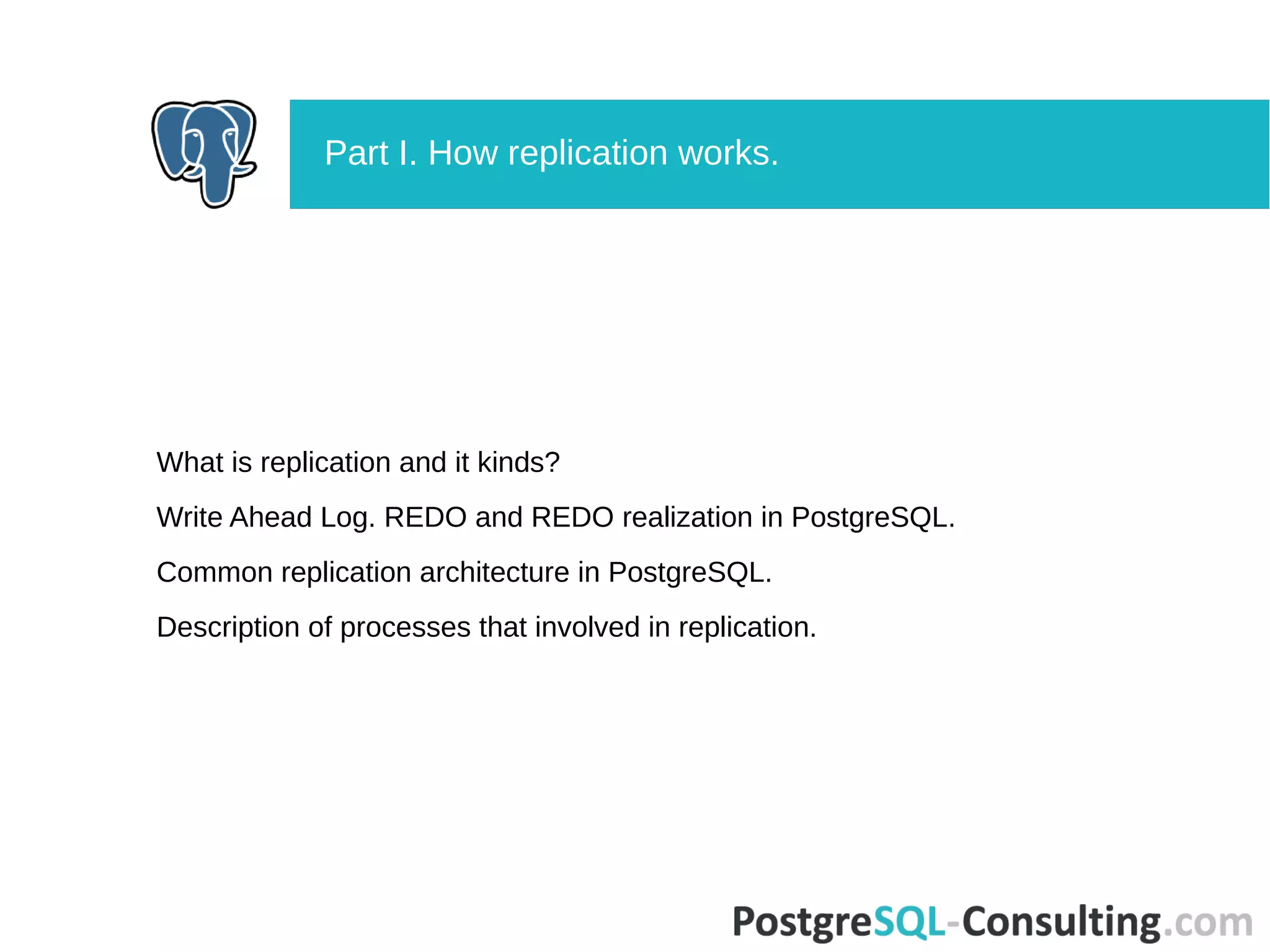 What is replication and it kinds?
Write Ahead Log. REDO and REDO realization in PostgreSQL.
Common replication architecture in PostgreSQL.
Description of processes that involved in replication.
Part I. How replication works.
 