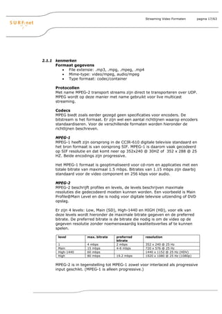 Streaming Video Formaten       pagina 17/63




2.1.1 kenmerken
      Formaat gegevens
         • File extensie: .mp3, .mpg, .mpeg, .mp4
         • Mime-type: video/mpeg, audio/mpeg
         • Type formaat: codec/container

      Protocollen
      Met name MPEG-2 transport streams zijn direct te transporteren over UDP.
      MPEG wordt op deze manier met name gebruikt voor live multicast
      streaming.

      Codecs
      MPEG biedt zoals eerder gezegd geen specificaties voor encoders. De
      bitstream is het formaat. Er zijn wel een aantal richtlijnen waarop encoders
      standaardiseren. Voor de verschillende formaten worden hieronder de
      richtlijnen beschreven.

      MPEG-1
      MPEG-1 heeft zijn oorsprong in de CCIR-610 digitale televisie standaard en
      het bron formaat is van oorsprong SIF. MPEG-1 is daarom vaak gecodeerd
      op SIF resolutie en dat komt neer op 352x240 @ 30HZ of 352 x 288 @ 25
      HZ. Beide encodings zijn progressive.

      Het MPEG-1 formaat is geoptimaliseerd voor cd-rom en applicaties met een
      totale bitrate van maximaal 1.5 mbps. Bitrates van 1.15 mbps zijn daarbij
      standaard voor de video component en 256 kbps voor audio.

      MPEG-2
      MPEG-2 beschrijft profiles en levels, de levels beschrijven maximale
      resoluties die gedecodeerd moeten kunnen worden. Een voorbeeld is Main
      Profile@Main Level en die is nodig voor digitale televisie uitzending of DVD
      opslag.

      Er zijn 4 levels: Low, Main (SD), High-1440 en HIGH (HD), voor elk van
      deze levels wordt hieronder de maximale bitrate gegeven en de preferred
      bitrate. De preferred bitrate is de bitrate die nodig is om de video op de
      gegeven resolutie zonder noemenswaardig kwaliteitsverlies af te kunnen
      spelen.

       level           max. bitrate   preferred       resolution
                                      bitrate
       1               4 mbps         2 mbps          352 x 240 @ 25 Hz
       Main            15 mbps        4-6 mbps        720 x 576 @ 25 Hz
       High-1440       60 mbps                        1440 x 1152 @ 25 Hz (HDV)
       High            80 mbps        19.2 mbps       1920 x 1080 @ 25 Hz (1080p)


      MPEG-2 is in tegenstelling tot MPEG-1 zowel voor interlaced als progressive
      input geschikt. (MPEG-1 is alleen progressive.)
 