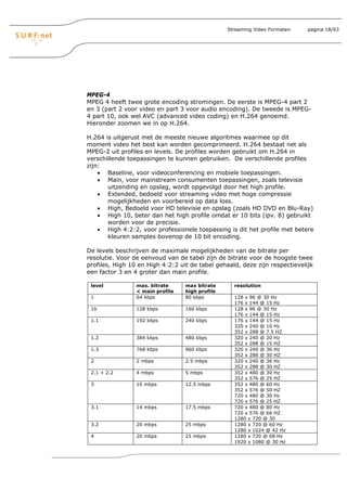 Streaming Video Formaten    pagina 18/63




MPEG-4
MPEG 4 heeft twee grote encoding stromingen. De eerste is MPEG-4 part 2
en 3 (part 2 voor video en part 3 voor audio encoding). De tweede is MPEG-
4 part 10, ook wel AVC (advanced video coding) en H.264 genoemd.
Hieronder zoomen we in op H.264.

H.264 is uitgerust met de meeste nieuwe algoritmes waarmee op dit
moment video het best kan worden gecomprimeerd. H.264 bestaat net als
MPEG-2 uit profiles en levels. De profiles worden gebruikt om H.264 in
verschillende toepassingen te kunnen gebruiken. De verschillende profiles
zijn:
    • Baseline, voor videoconferencing en mobiele toepassingen.
    • Main, voor mainstream consumenten toepassingen, zoals televisie
       uitzending en opslag, wordt opgevolgd door het high profile.
    • Extended, bedoeld voor streaming video met hoge compressie
       mogelijkheden en voorbereid op data loss.
    • High, Bedoeld voor HD televisie en opslag (zoals HD DVD en Blu-Ray)
    • High 10, beter dan het high profile omdat er 10 bits (ipv. 8) gebruikt
       worden voor de precisie.
    • High 4:2:2, voor professionele toepassing is dit het profile met betere
       kleuren samples bovenop de 10 bit encoding.

De levels beschrijven de maximale mogelijkheden van de bitrate per
resolutie. Voor de eenvoud van de tabel zijn de bitrate voor de hoogste twee
profiles, High 10 en High 4:2:2 uit de tabel gehaald, deze zijn respectievelijk
een factor 3 en 4 groter dan main profile.

 level           max. bitrate     max bitrate      resolution
                 < main profile   high profile
 1               64 kbps          80 kbps          128 x 96 @ 30 Hz
                                                   176 x 144 @ 15 Hz
 1b              128 kbps         160 kbps         128 x 96 @ 30 Hz
                                                   176 x 144 @ 15 Hz
 1.1             192 kbps         240 kbps         176 x 144 @ 15 Hz
                                                   320 x 240 @ 10 Hz
                                                   352 x 288 @ 7.5 HZ
 1.2             384 kbps         480 kbps         320 x 240 @ 20 Hz
                                                   352 x 288 @ 15 HZ
 1.3             768 kbps         960 kbps         320 x 240 @ 36 Hz
                                                   352 x 288 @ 30 HZ
 2               2 mbps           2.5 mbps         320 x 240 @ 36 Hz
                                                   352 x 288 @ 30 HZ
 2.1 + 2.2       4 mbps           5 mbps           352 x 480 @ 30 Hz
                                                   352 x 576 @ 25 HZ
 3               10 mbps          12.5 mbps        352 x 480 @ 60 Hz
                                                   352 x 576 @ 50 HZ
                                                   720 x 480 @ 30 Hz
                                                   720 x 576 @ 25 HZ
 3.1             14 mbps          17.5 mbps        720 x 480 @ 80 Hz
                                                   720 x 576 @ 66 HZ
                                                   1280 x 720 @ 30
 3.2             20 mbps          25 mbps          1280 x 720 @ 60 Hz
                                                   1280 x 1024 @ 42 Hz
 4               20 mbps          25 mbps          1280 x 720 @ 68 Hz
                                                   1920 x 1080 @ 30 Hz
 