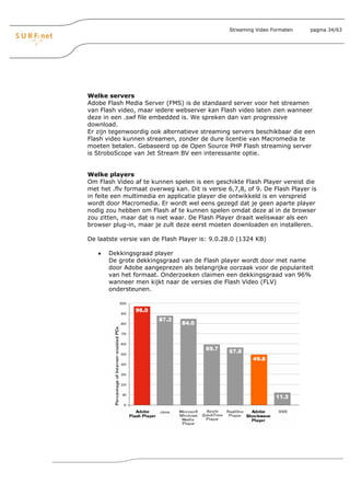 Streaming Video Formaten    pagina 34/63




Welke servers
Adobe Flash Media Server (FMS) is de standaard server voor het streamen
van Flash video, maar iedere webserver kan Flash video laten zien wanneer
deze in een .swf file embedded is. We spreken dan van progressive
download.
Er zijn tegenwoordig ook alternatieve streaming servers beschikbaar die een
Flash video kunnen streamen, zonder de dure licentie van Macromedia te
moeten betalen. Gebaseerd op de Open Source PHP Flash streaming server
is StroboScope van Jet Stream BV een interessante optie.


Welke players
Om Flash Video af te kunnen spelen is een geschikte Flash Player vereist die
met het .flv formaat overweg kan. Dit is versie 6,7,8, of 9. De Flash Player is
in feite een multimedia en applicatie player die ontwikkeld is en verspreid
wordt door Macromedia. Er wordt wel eens gezegd dat je geen aparte player
nodig zou hebben om Flash af te kunnen spelen omdat deze al in de browser
zou zitten, maar dat is niet waar. De Flash Player draait weliswaar als een
browser plug-in, maar je zult deze eerst moeten downloaden en installeren.

De laatste versie van de Flash Player is: 9.0.28.0 (1324 KB)

   •   Dekkingsgraad player
       De grote dekkingsgraad van de Flash player wordt door met name
       door Adobe aangeprezen als belangrijke oorzaak voor de populariteit
       van het formaat. Onderzoeken claimen een dekkingsgraad van 96%
       wanneer men kijkt naar de versies die Flash Video (FLV)
       ondersteunen.
 