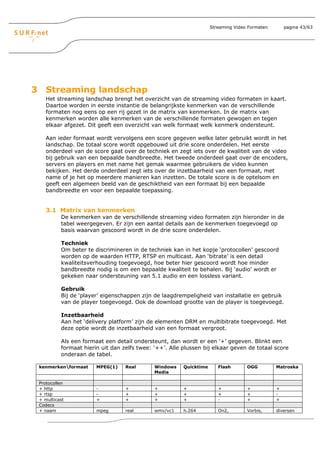Streaming Video Formaten       pagina 43/63




3 Streaming landschap
    Het streaming landschap brengt het overzicht van de streaming video formaten in kaart.
    Daartoe worden in eerste instantie de belangrijkste kenmerken van de verschillende
    formaten nog eens op een rij gezet in de matrix van kenmerken. In de matrix van
    kenmerken worden alle kenmerken van de verschillende formaten gewogen en tegen
    elkaar afgezet. Dit geeft een overzicht van welk formaat welk kenmerk ondersteunt.

    Aan ieder formaat wordt vervolgens een score gegeven welke later gebruikt wordt in het
    landschap. De totaal score wordt opgebouwd uit drie score onderdelen. Het eerste
    onderdeel van de score gaat over de techniek en zegt iets over de kwaliteit van de video
    bij gebruik van een bepaalde bandbreedte. Het tweede onderdeel gaat over de encoders,
    servers en players en met name het gemak waarmee gebruikers de video kunnen
    bekijken. Het derde onderdeel zegt iets over de inzetbaarheid van een formaat, met
    name of je het op meerdere manieren kan inzetten. De totale score is de optelsom en
    geeft een algemeen beeld van de geschiktheid van een formaat bij een bepaalde
    bandbreedte en voor een bepaalde toepassing.


    3.1 Matrix van kenmerken
          De kenmerken van de verschillende streaming video formaten zijn hieronder in de
          tabel weergegeven. Er zijn een aantal details aan de kenmerken toegevoegd op
          basis waarvan gescoord wordt in de drie score onderdelen.

          Techniek
          Om beter te discrimineren in de techniek kan in het kopje ‘protocollen’ gescoord
          worden op de waarden HTTP, RTSP en multicast. Aan ‘bitrate’ is een detail
          kwaliteitsverhouding toegevoegd, hoe beter hier gescoord wordt hoe minder
          bandbreedte nodig is om een bepaalde kwaliteit te behalen. Bij ‘audio’ wordt er
          gekeken naar ondersteuning van 5.1 audio en een lossless variant.

          Gebruik
          Bij de ‘player’ eigenschappen zijn de laagdrempeligheid van installatie en gebruik
          van de player toegevoegd. Ook de download grootte van de player is toegevoegd.

          Inzetbaarheid
          Aan het ‘delivery platform’ zijn de elementen DRM en multibitrate toegevoegd. Met
          deze optie wordt de inzetbaarheid van een formaat vergroot.

          Als een formaat een detail ondersteunt, dan wordt er een ‘+’ gegeven. Blinkt een
          formaat hierin uit dan zelfs twee: ‘++’. Alle plussen bij elkaar geven de totaal score
          onderaan de tabel.

 kenmerkenformaat     MPEG(1)    Real       Windows    Quicktime      Flash       OGG         Matroska
                                             Media

 Protocollen
 + http                -          +          +          +              +           +           +
 + rtsp                -          +          +          +              +           +           -
 + multicast           +          +          +          +              -           +           +
 Codecs
 + naam                mpeg       real       wmv/vc1    h.264          On2,        Vorbis,     diversen
 