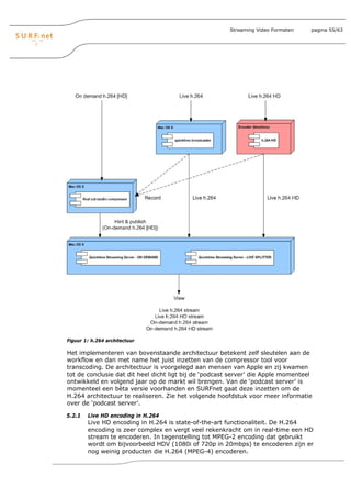 Streaming Video Formaten    pagina 55/63




Figuur 1: h.264 architectuur

Het implementeren van bovenstaande architectuur betekent zelf sleutelen aan de
workflow en dan met name het juist inzetten van de compressor tool voor
transcoding. De architectuur is voorgelegd aan mensen van Apple en zij kwamen
tot de conclusie dat dit heel dicht ligt bij de ‘podcast server’ die Apple momenteel
ontwikkeld en volgend jaar op de markt wil brengen. Van de ‘podcast server’ is
momenteel een bèta versie voorhanden en SURFnet gaat deze inzetten om de
H.264 architectuur te realiseren. Zie het volgende hoofdstuk voor meer informatie
over de ‘podcast server’.

5.2.1   Live HD encoding in H.264
        Live HD encoding in H.264 is state-of-the-art functionaliteit. De H.264
        encoding is zeer complex en vergt veel rekenkracht om in real-time een HD
        stream te encoderen. In tegenstelling tot MPEG-2 encoding dat gebruikt
        wordt om bijvoorbeeld HDV (1080i of 720p in 20mbps) te encoderen zijn er
        nog weinig producten die H.264 (MPEG-4) encoderen.
 