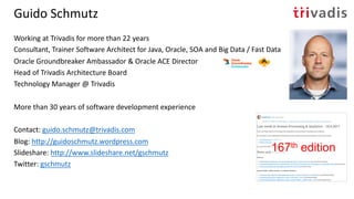 Guido Schmutz
Working at Trivadis for more than 22 years
Consultant, Trainer Software Architect for Java, Oracle, SOA and Big Data / Fast Data
Oracle Groundbreaker Ambassador & Oracle ACE Director
Head of Trivadis Architecture Board
Technology Manager @ Trivadis
More than 30 years of software development experience
Contact: guido.schmutz@trivadis.com
Blog: http://guidoschmutz.wordpress.com
Slideshare: http://www.slideshare.net/gschmutz
Twitter: gschmutz
167th edition
 