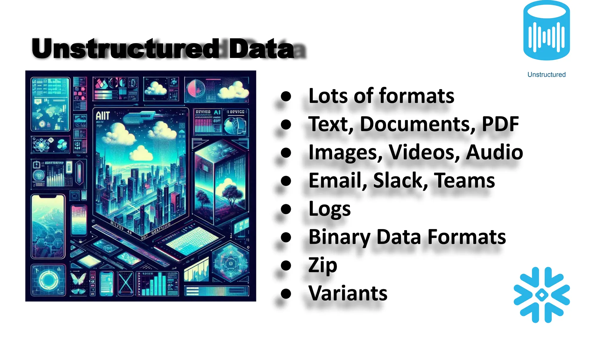 Unstructured Data
● Lots of formats
● Text, Documents, PDF
● Images, Videos, Audio
● Email, Slack, Teams
● Logs
● Binary Data Formats
● Zip
● Variants
Unstructured
 