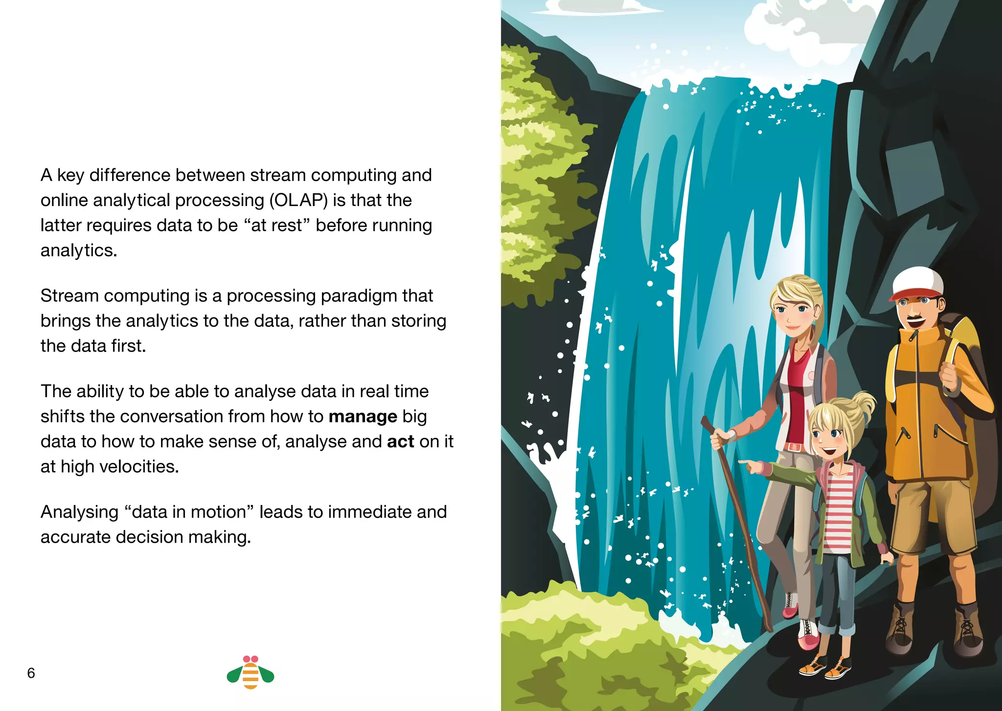 6
A key difference between stream computing and
online analytical processing (OLAP) is that the
latter requires data to be “at rest” before running
analytics.
Stream computing is a processing paradigm that
brings the analytics to the data, rather than storing
the data first.
The ability to be able to analyse data in real time
shifts the conversation from how to manage big
data to how to make sense of, analyse and act on it
at high velocities.
Analysing “data in motion” leads to immediate and
accurate decision making.
BACK NEXT
 