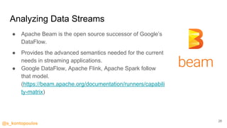 @s_kontopoulos
Analyzing Data Streams
● Apache Beam is the open source successor of Google’s
DataFlow.
● Provides the advanced semantics needed for the current
needs in streaming applications.
● Google DataFlow, Apache Flink, Apache Spark follow
that model.
(https://beam.apache.org/documentation/runners/capabili
ty-matrix)
28
 