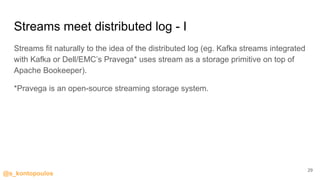 @s_kontopoulos
Streams meet distributed log - I
Streams fit naturally to the idea of the distributed log (eg. Kafka streams integrated
with Kafka or Dell/EMC’s Pravega* uses stream as a storage primitive on top of
Apache Bookeeper).
*Pravega is an open-source streaming storage system.
29
 