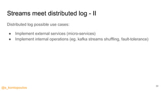 @s_kontopoulos
Streams meet distributed log - II
Distributed log possible use cases:
● Implement external services (micro-services)
● Implement internal operations (eg. kafka streams shuffling, fault-tolerance)
30
 