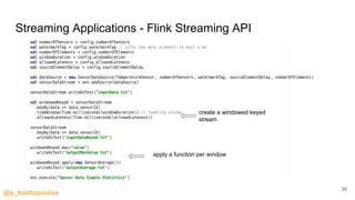 @s_kontopoulos
Streaming Applications - Flink Streaming API
38
create a windowed keyed
stream
apply a function per window
 