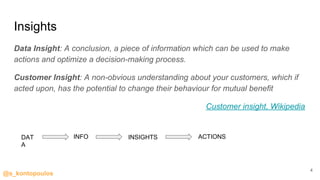 @s_kontopoulos
Insights
Data Insight: A conclusion, a piece of information which can be used to make
actions and optimize a decision-making process.
Customer Insight: A non-obvious understanding about your customers, which if
acted upon, has the potential to change their behaviour for mutual benefit
Customer insight, Wikipedia
DAT
A
INFO INSIGHTS ACTIONS
4
 