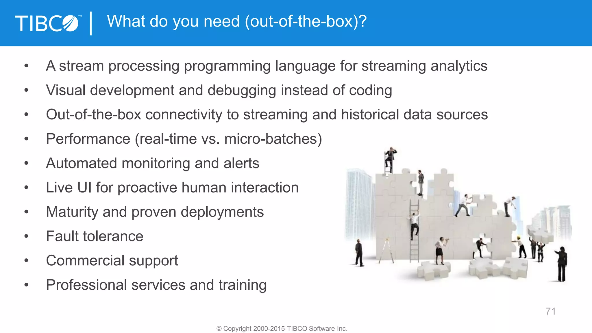 71
What do you need (out-of-the-box)?
© Copyright 2000-2015 TIBCO Software Inc.
• A stream processing programming language for streaming analytics
• Visual development and debugging instead of coding
• Out-of-the-box connectivity to streaming and historical data sources
• Performance (real-time vs. micro-batches)
• Automated monitoring and alerts
• Live UI for proactive human interaction
• Maturity and proven deployments
• Fault tolerance
• Commercial support
• Professional services and training
 