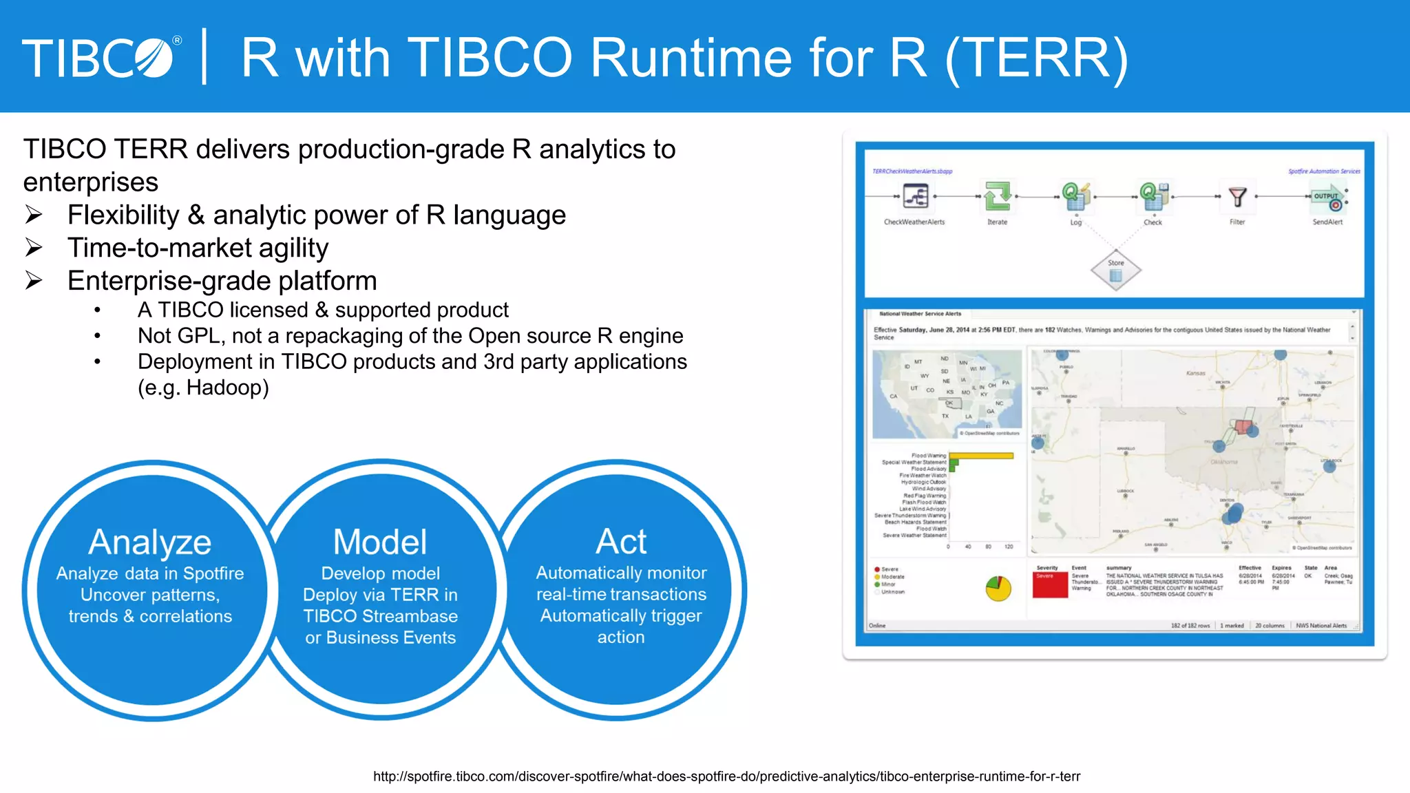 R with TIBCO Runtime for R (TERR)
TIBCO TERR delivers production-grade R analytics to
enterprises
 Flexibility & analytic power of R language
 Time-to-market agility
 Enterprise-grade platform
• A TIBCO licensed & supported product
• Not GPL, not a repackaging of the Open source R engine
• Deployment in TIBCO products and 3rd party applications
(e.g. Hadoop)
http://spotfire.tibco.com/discover-spotfire/what-does-spotfire-do/predictive-analytics/tibco-enterprise-runtime-for-r-terr
 