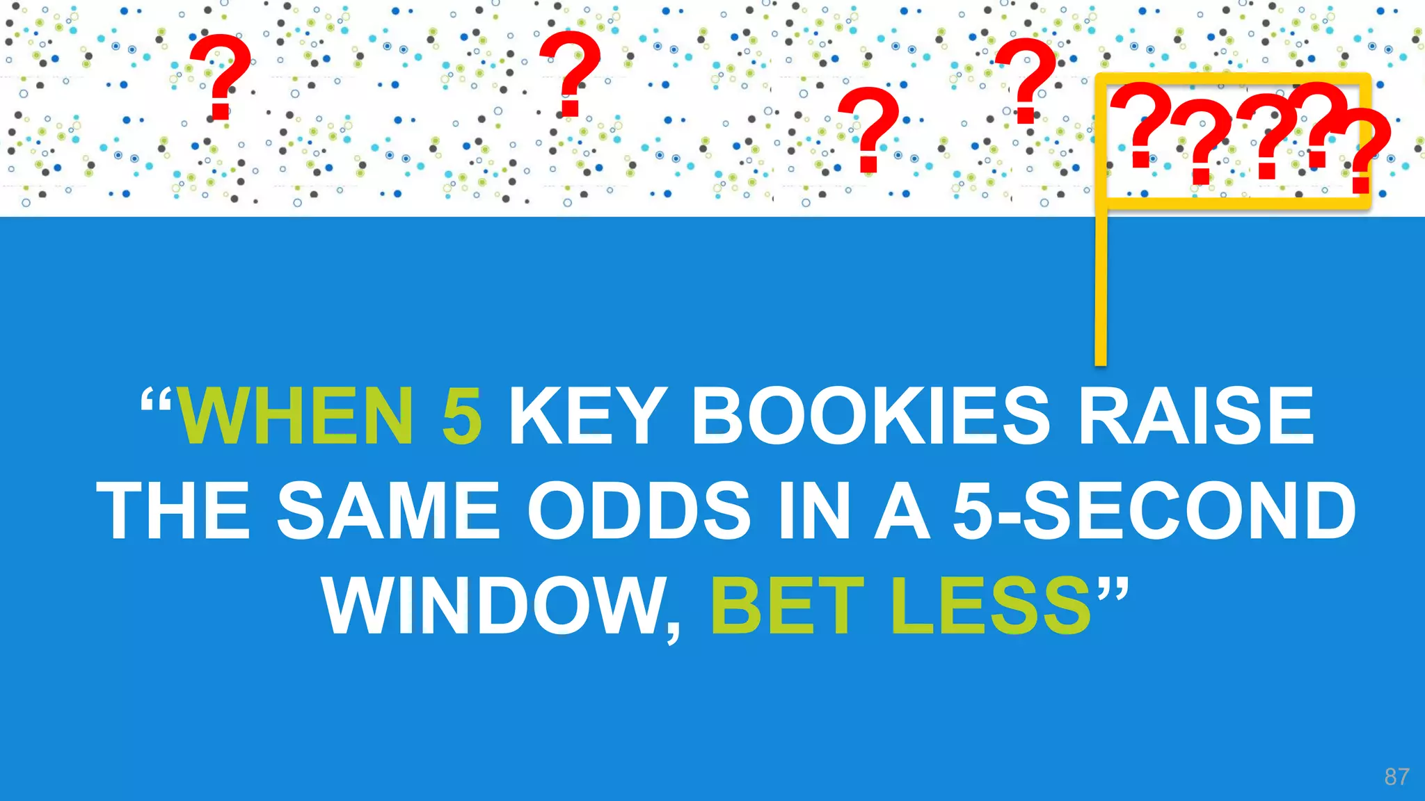 87
“WHEN 5 KEY BOOKIES RAISE
THE SAME ODDS IN A 5-SECOND
WINDOW, BET LESS”
? ? ? ? ?? ???
 