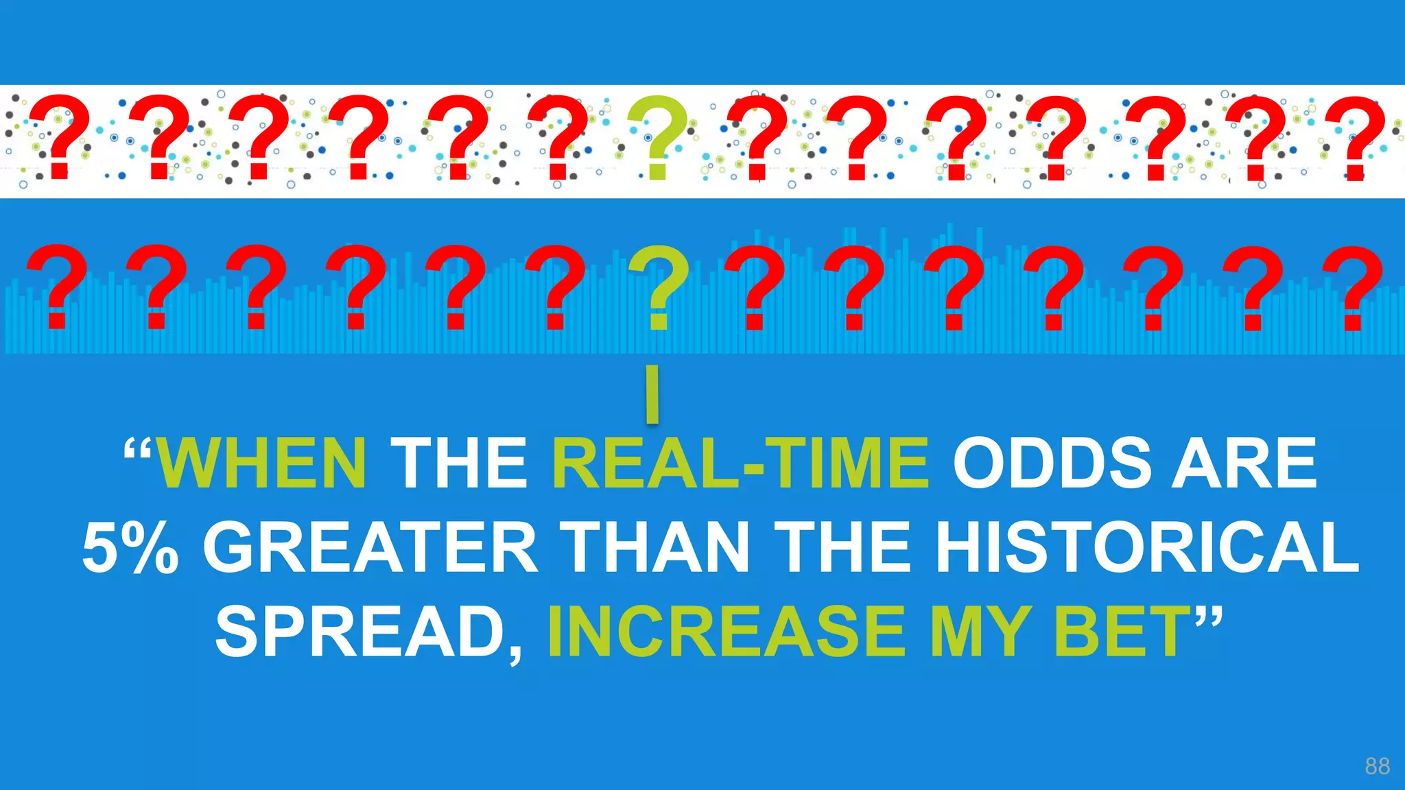 88
“WHEN THE REAL-TIME ODDS ARE
5% GREATER THAN THE HISTORICAL
SPREAD, INCREASE MY BET”
? ? ? ? ? ? ? ? ? ? ? ? ? ?
? ? ? ? ? ? ? ? ? ? ? ? ? ?
 