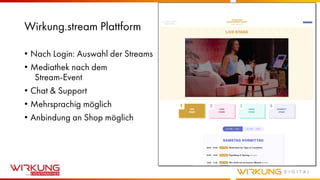 Wirkung.stream Plattform
• Nach Login: Auswahl der Streams
• Mediathek nach dem
Stream-Event
• Chat & Support
• Mehrsprachig möglich
• Anbindung an Shop möglich
 