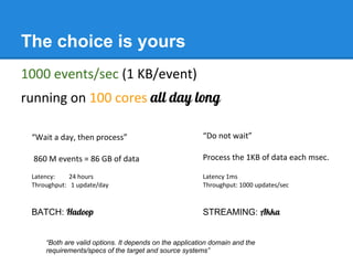 The choice is yours
1000 events/sec (1 KB/event)
running on 100 cores all day long
“Wait a day, then process”
860 M events = 86 GB of data
Latency: 24 hours
Throughput: 1 update/day
BATCH: Hadoop
Latency 1ms
Throughput: 1000 updates/sec
STREAMING: Akka
“Do not wait”
Process the 1KB of data each msec.
“Both are valid options. It depends on the application domain and the
requirements/specs of the target and source systems”
 