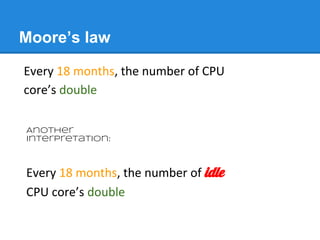 Moore’s law
Every 18 months, the number of CPU
core’s double
Another
interpretation:
Every 18 months, the number of idle
CPU core’s double
 