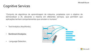 Cognitive Services
“Conjunto de algoritmos de aprendizagem de máquina, projetados com o objetivo de
democratizar a AI, alocando a mesma em diferentes serviços, que permitem que
aplicações tenham comportamentos que simulem o humano”
• Text Analytics (KeyWords);
• Sentiment Analysis;
• Language Detection.
 