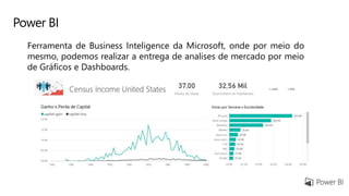Power BI
Ferramenta de Business Inteligence da Microsoft, onde por meio do
mesmo, podemos realizar a entrega de analises de mercado por meio
de Gráficos e Dashboards.
 