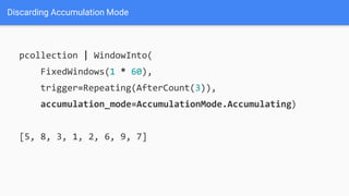 Discarding Accumulation Mode
pcollection | WindowInto(
FixedWindows(1 * 60),
trigger=Repeating(AfterCount(3)),
accumulation_mode=AccumulationMode.Accumulating)
[5, 8, 3, 1, 2, 6, 9, 7]
 