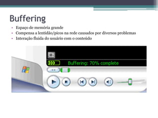 Buffering
• Espaço de memória grande
• Compensa a lentidão/picos na rede causados por diversos problemas
• Interação fluida do usuário com o conteúdo
 