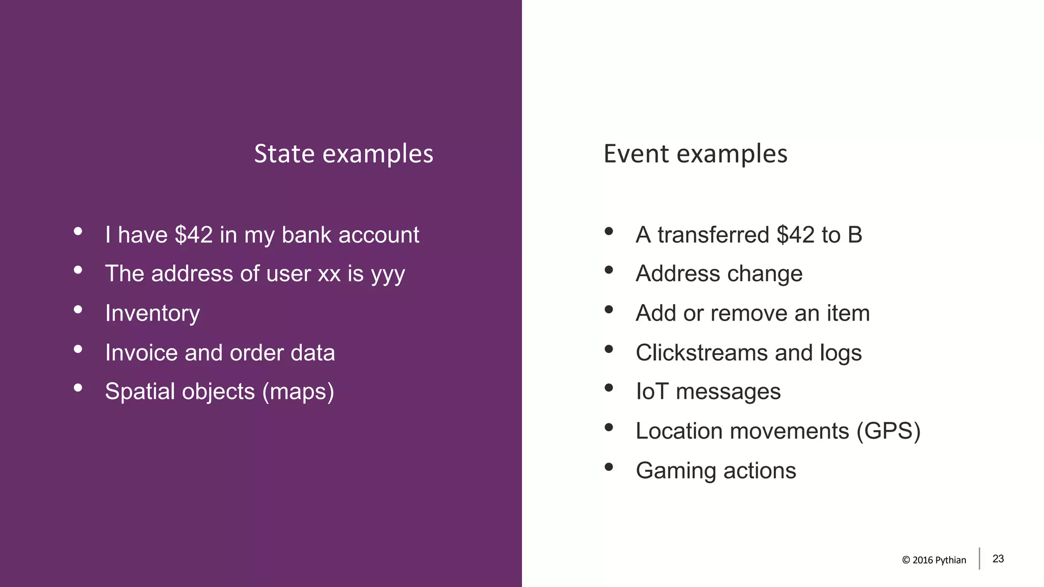 • I have $42 in my bank account
• The address of user xx is yyy
• Inventory
• Invoice and order data
• Spatial objects (maps)
• A transferred $42 to B
• Address change
• Add or remove an item
• Clickstreams and logs
• IoT messages
• Location movements (GPS)
• Gaming actions
Event examplesState examples
© 2016 Pythian 23
 