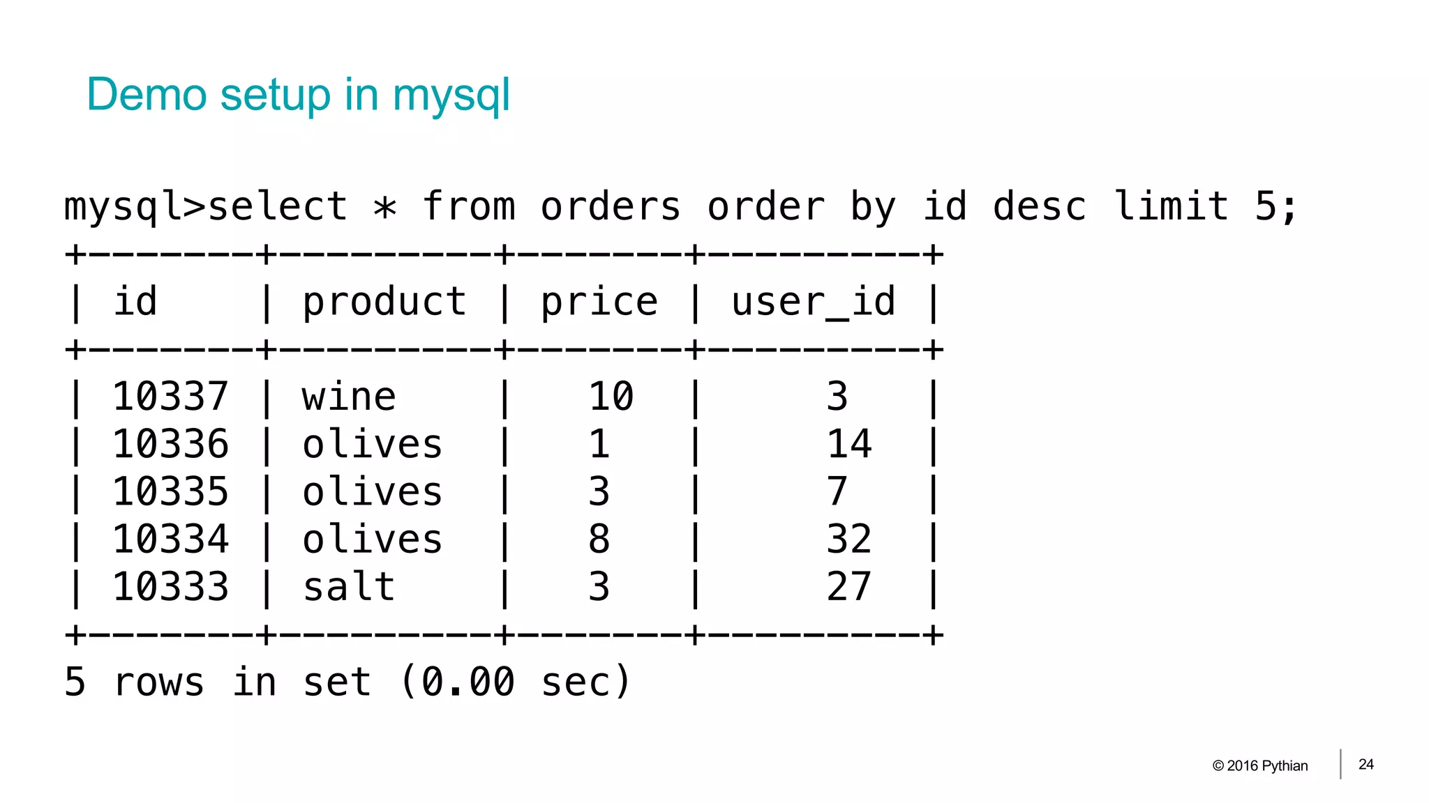 Demo setup in mysql
© 2016 Pythian 24
mysql>select * from orders order by id desc limit 5;
+-------+---------+-------+---------+
| id | product | price | user_id |
+-------+---------+-------+---------+
| 10337 | wine | 10 | 3 |
| 10336 | olives | 1 | 14 |
| 10335 | olives | 3 | 7 |
| 10334 | olives | 8 | 32 |
| 10333 | salt | 3 | 27 |
+-------+---------+-------+---------+
5 rows in set (0.00 sec)
 