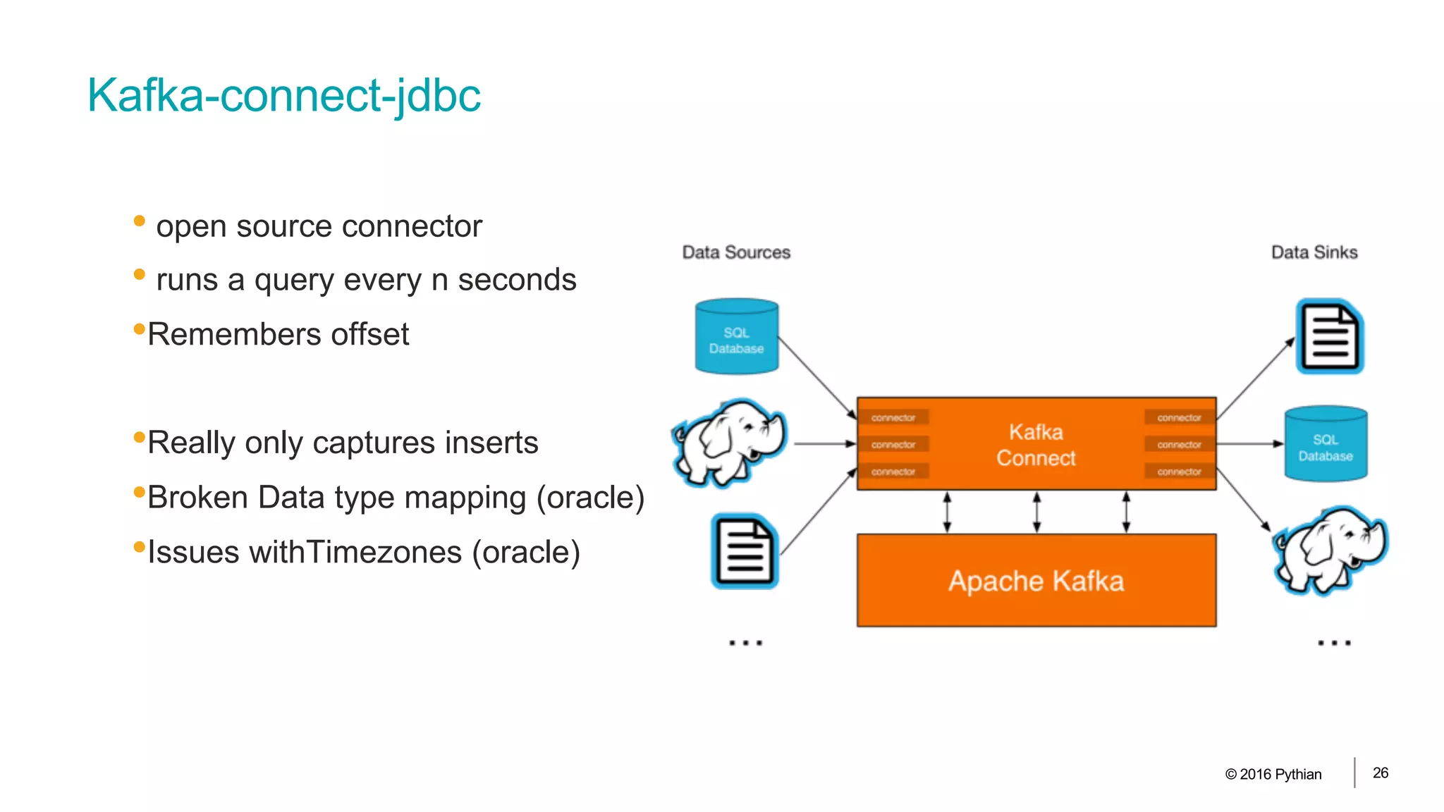 Kafka-connect-jdbc
• open source connector
• runs a query every n seconds
•Remembers offset
•Really only captures inserts
•Broken Data type mapping (oracle)
•Issues withTimezones (oracle)
© 2016 Pythian 26
 