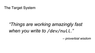 The Target System
“Things are working amazingly fast  
when you write to /dev/null.”
– proverbial wisdom
 