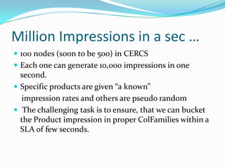 Million Impressions in a sec …100 nodes (soon to be 500) in CERCSEach one can generate 10,000 impressions in one second.Specific products are given “a known”     impression rates and others are pseudo random The challenging task is to ensure, that we can bucket the Product impression in proper ColFamilies within a SLA of few seconds.