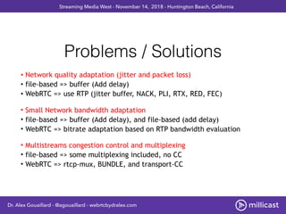 Problems / Solutions
• Network quality adaptation (jitter and packet loss)
• file-based => buffer (Add delay)
• WebRTC => ...
