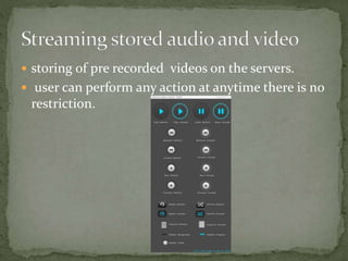  storing of pre recorded videos on the servers.
 user can perform any action at anytime there is no
restriction.
 