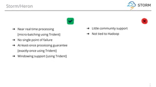 1
5
Storm/Heron
➔ Near real time processing
[micro-batching using Trident]
➔ No single point of failure
➔ At-least-once processing guarantee
[exactly-once using Trident]
➔ Windowing support [using Trident]
➔ Little community support
➔ Not tied to Hadoop
 