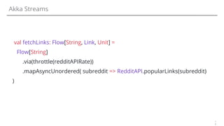 1
9
Akka Streams
val fetchLinks: Flow[String, Link, Unit] =
Flow[String]
.via(throttle(redditAPIRate))
.mapAsyncUnordered( subreddit => RedditAPI.popularLinks(subreddit)
)
 