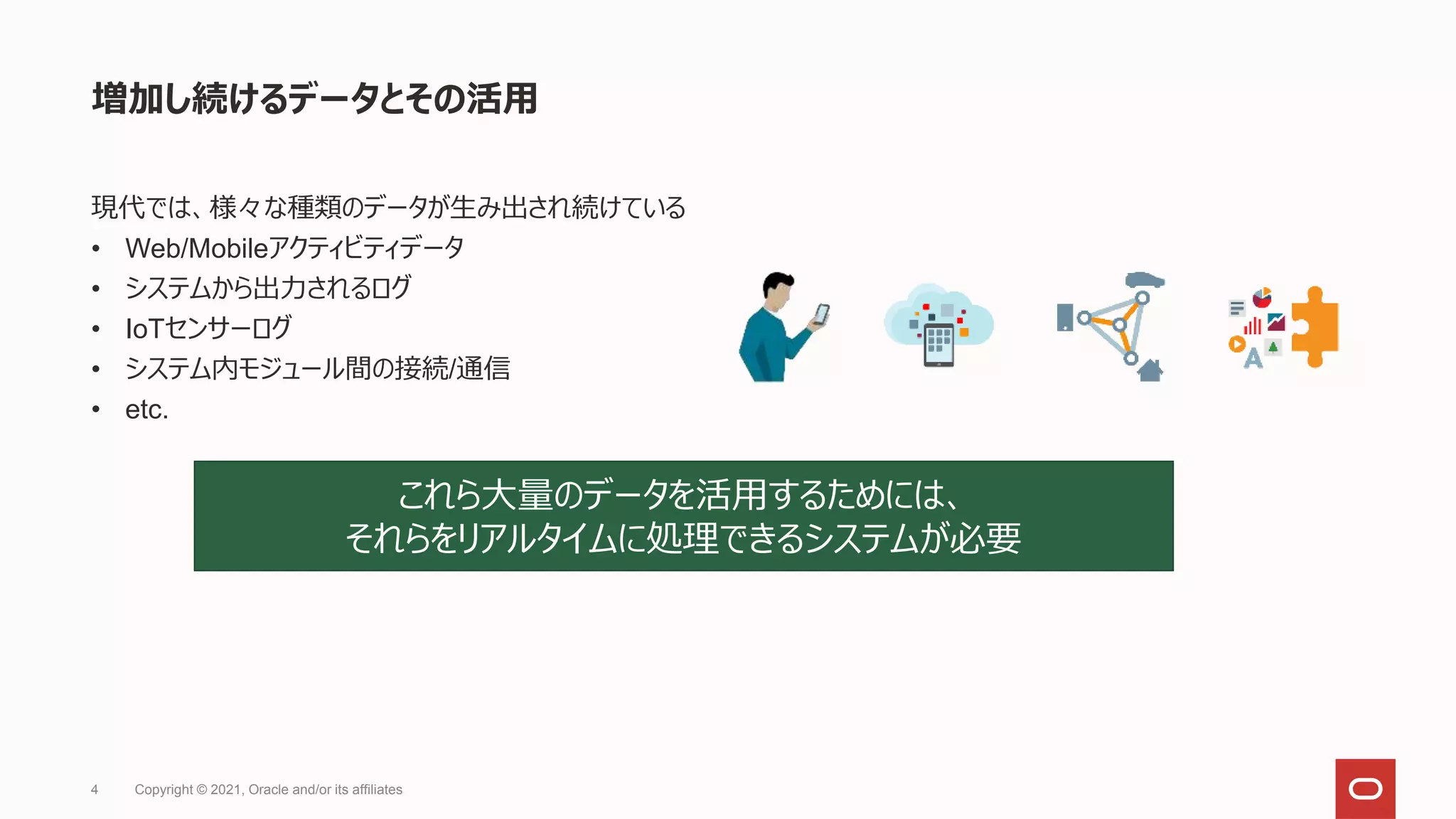 4 Copyright © 2021, Oracle and/or its affiliates
増加し続けるデータとその活用
現代では、様々な種類のデータが生み出され続けている
• Web/Mobileアクティビティデータ
• システムから出力されるログ
• IoTセンサーログ
• システム内モジュール間の接続/通信
• etc.
これら大量のデータを活用するためには、
それらをリアルタイムに処理できるシステムが必要
 