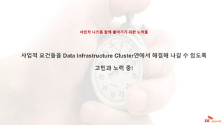사업적 니즈를 함께 풀어가기 위한 노력들
사업적 요건들을 Data Infrastructure Cluster안에서 해결해 나갈 수 있도록
고민과 노력 중!
 