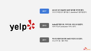 하나의 레파지토리에 100만 라인의 코드였다.
모노리딕 앱 : 옐프 메인
2011
2013
2017
Kafka를 백본으로, 마이크로 서비스로 옮겼다.
70개 이상의 production 서비스였다.
2013년 보다 R&D에 100만 달러를 아끼게 됐다.
코드의 복잡성이 줄어들고, downtime이 줄어들었다.
 