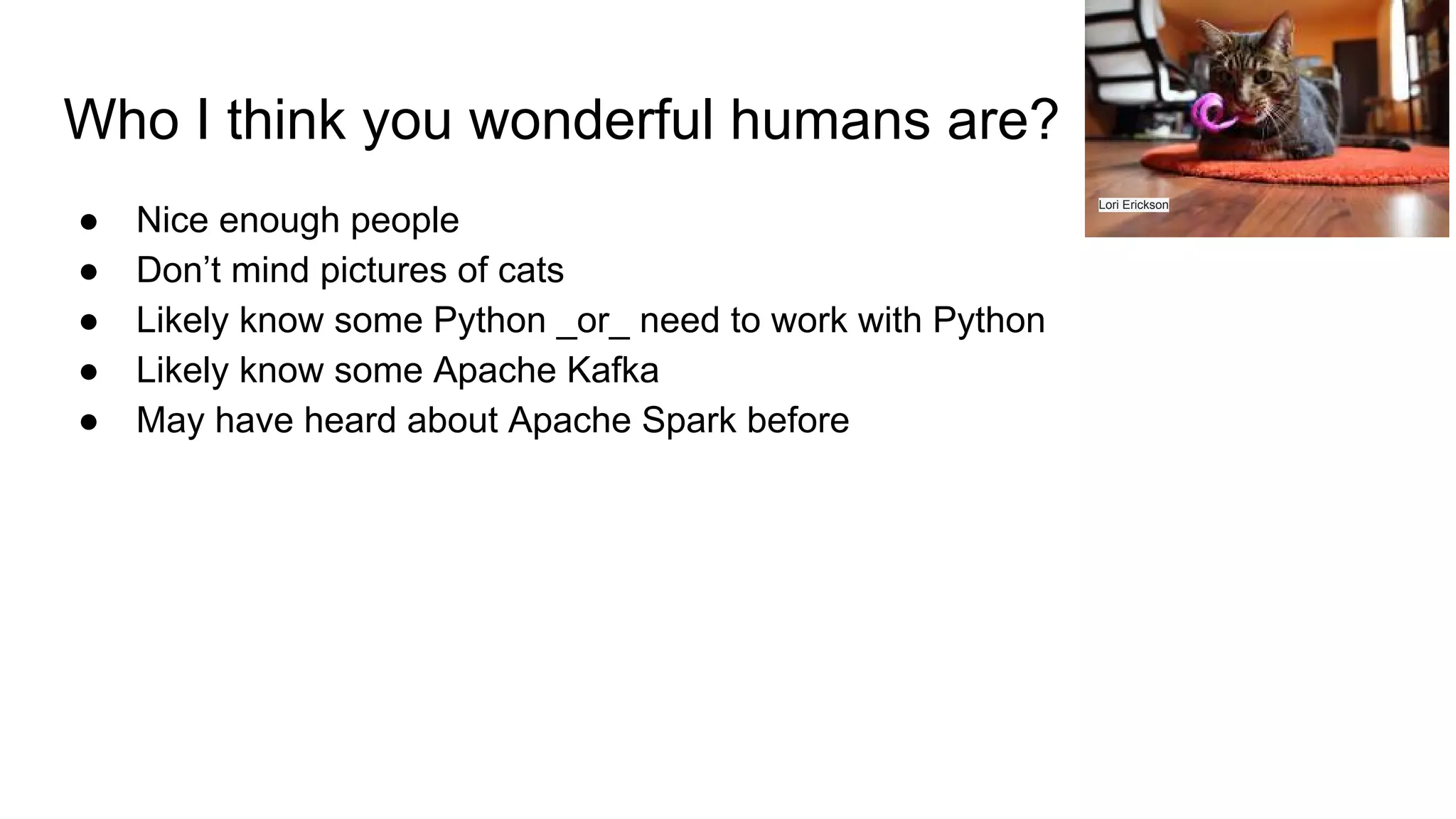 Who I think you wonderful humans are?
● Nice enough people
● Don’t mind pictures of cats
● Likely know some Python _or_ need to work with Python
● Likely know some Apache Kafka
● May have heard about Apache Spark before
Lori Erickson
 