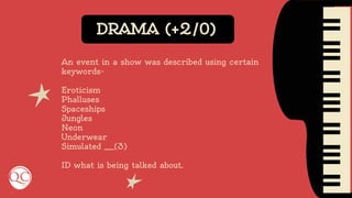 DRAMA (+2/0)
An event in a show was described using certain
keywords-
Eroticism
Phalluses
Spaceships
Jungles
Neon
Underwear
Simulated ___(3)
ID what is being talked about.
 